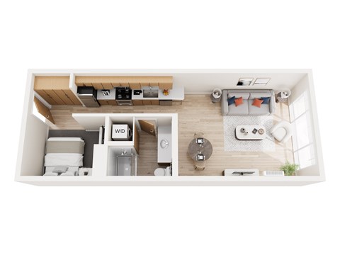 A top-down view of a small, neatly organized apartment.